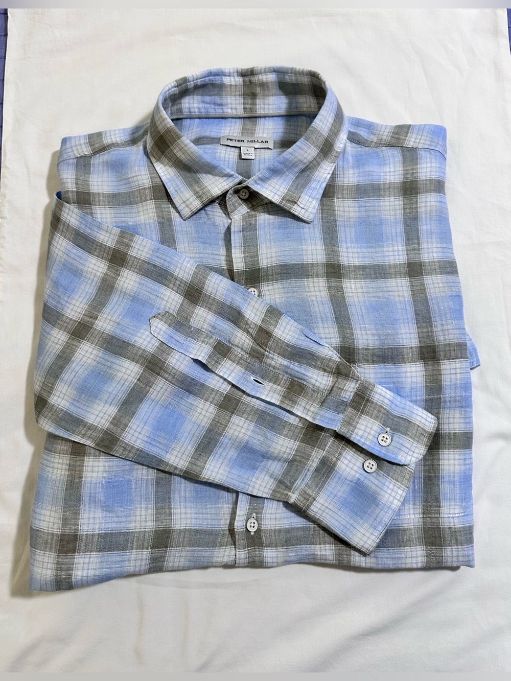 Peter Millar 100% Linen Blue and Gray Plaid Men’s Button-Down Shirt. Size L